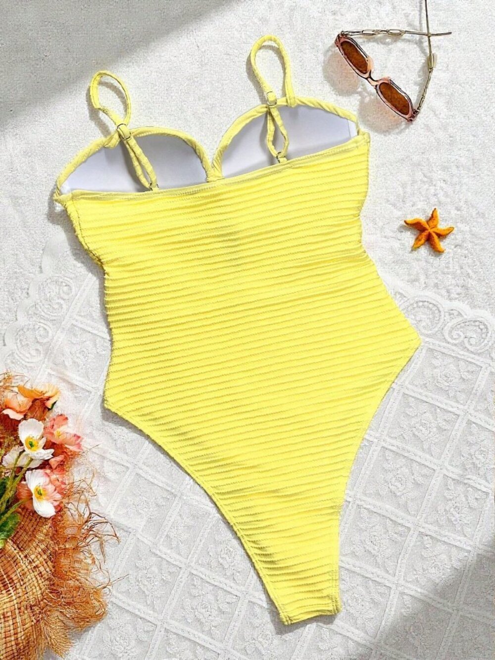 Yellow Casual Women's Criss-Cross Design Push Up One-Piece Suit - Picture 2 of 5